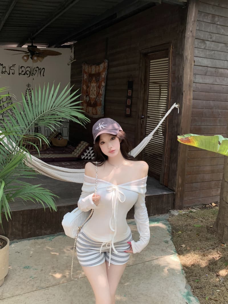 오프숄더 폴로 칼라 망사 패치워크 기본 셔츠 여성 몸매 가꾸기 나비 넥타이 니트 스웨터 상세 이미지 11