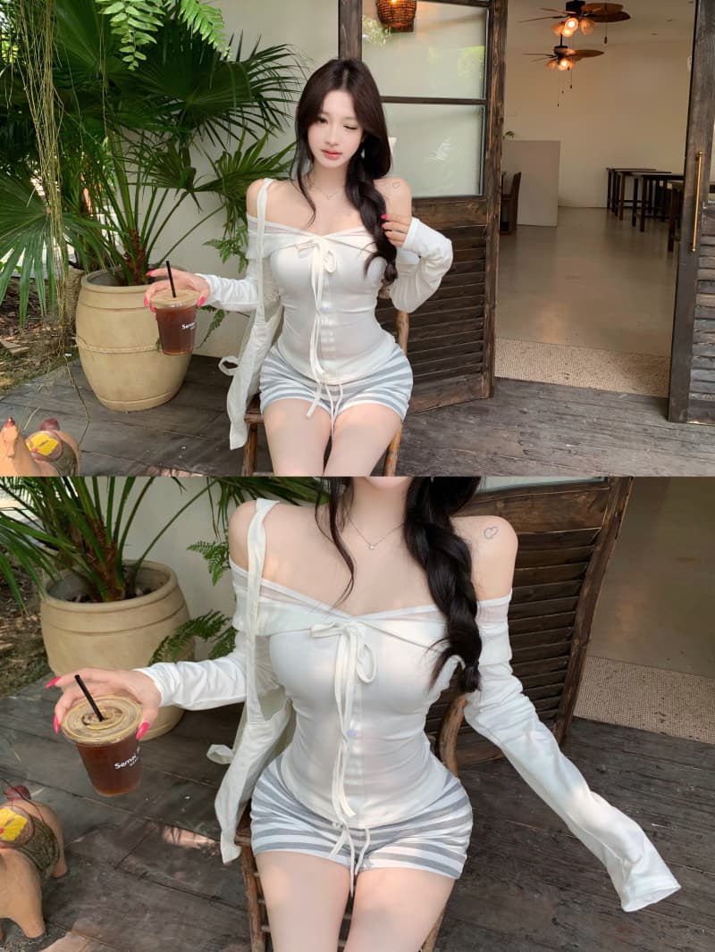 오프숄더 폴로 칼라 망사 패치워크 기본 셔츠 여성 몸매 가꾸기 나비 넥타이 니트 스웨터 상세 이미지 16