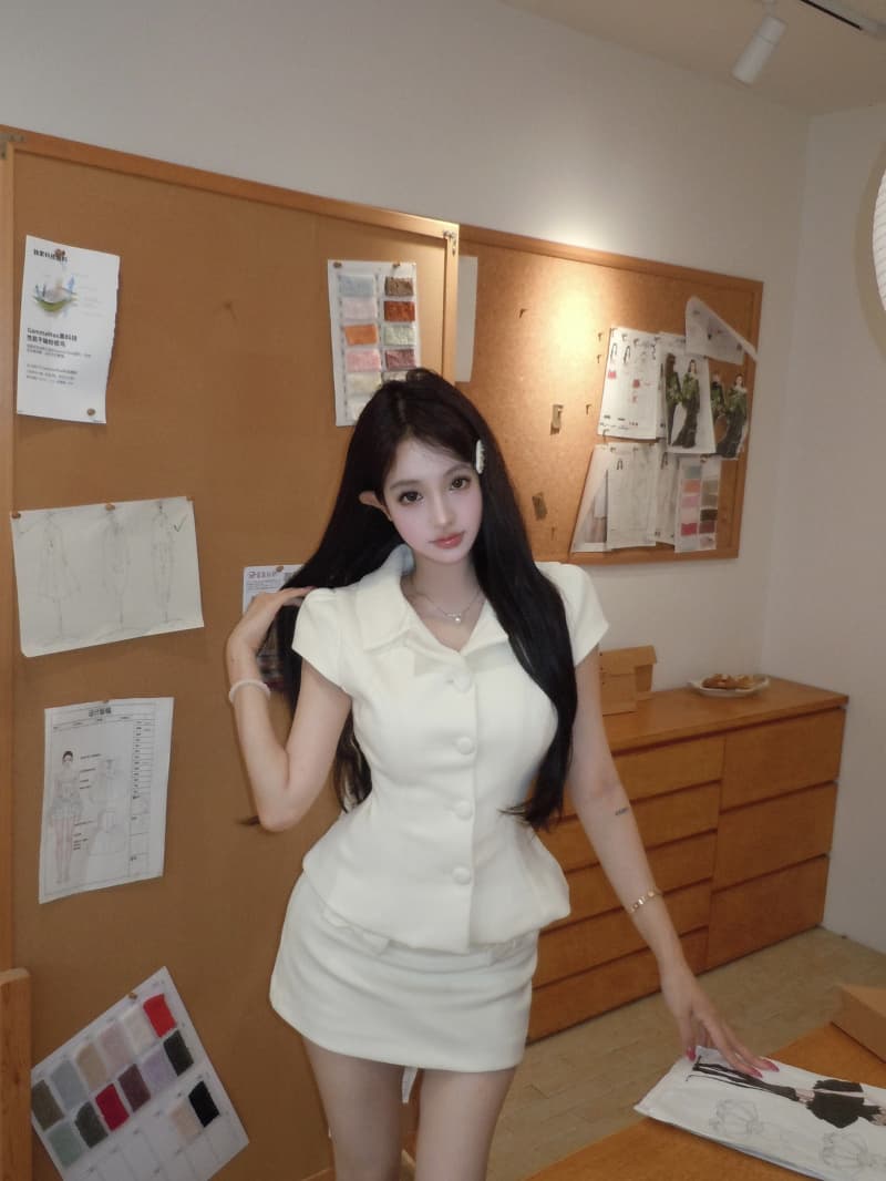 정가 실사 작은 샤넬 스타일 폴로 칼라 허리 수축 반팔 맨위 나비 매듭 한 단어 가방 작은 a 반 스커트 세트 봄 여름