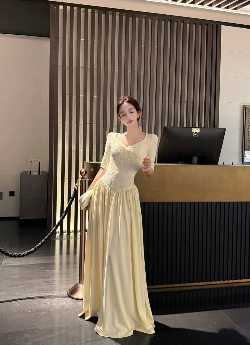 실사 정가 쌀 살구 우아한 시리아 프랑스식 레트로 허리 수축 중간 소매 큰 진자 드레스 상세 이미지 4
