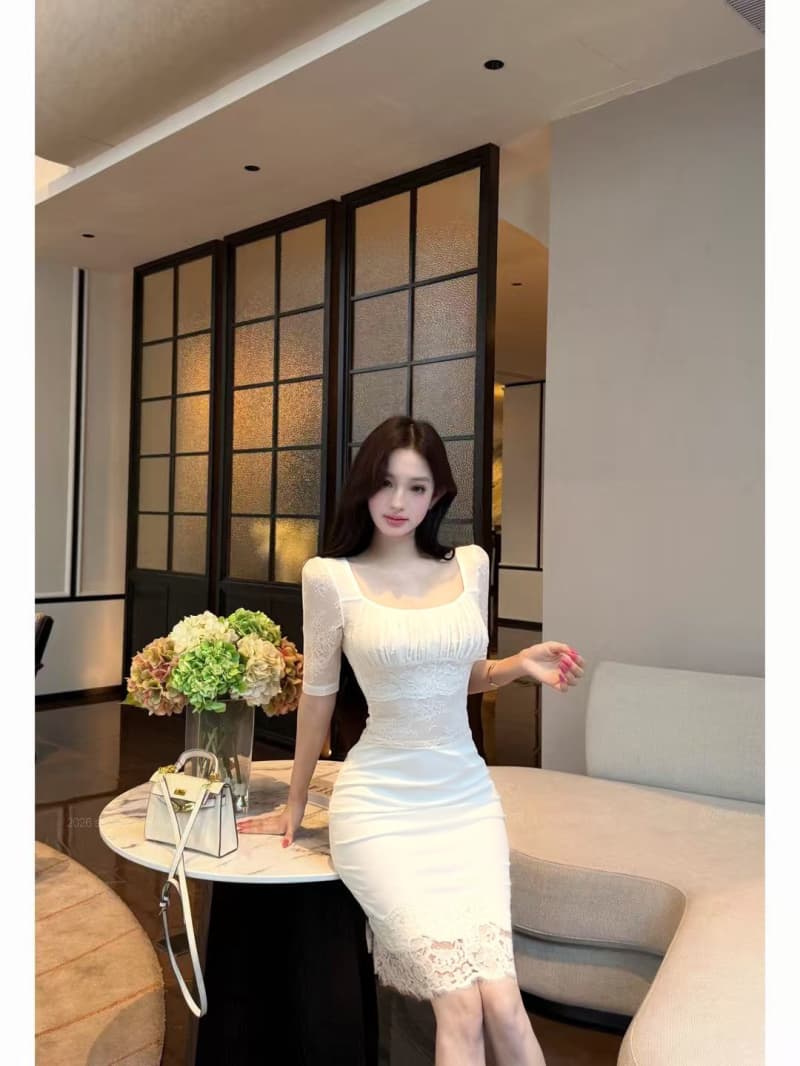 실사 정가 얕은 살구 연기 부드러운 광장 칼라 섹시함 허리 수축 맨위 타이트 스커트 반신 치마 세트 상세 이미지 1