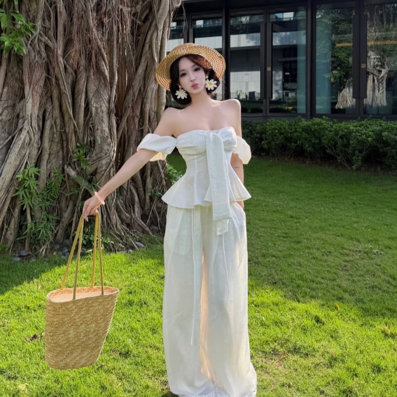 실사 정가 디자인 센스 오프숄더 소매 커버 스트랩 튜브탑 허리 수축 맨위 마 센스 레이스 도루 도루 바지 세트 이미지 5