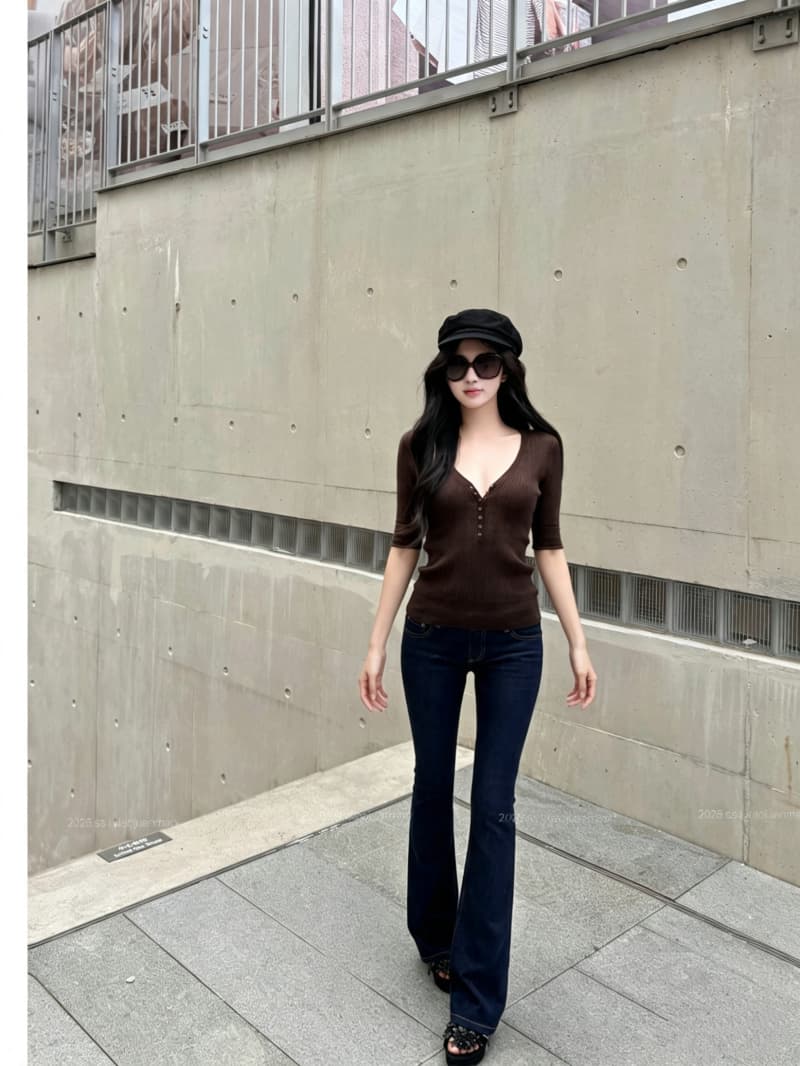 실사 정가 면사 프로 피부 통기성 수직 질감 v 종류 헨리 칼라 중간 소매 리브 수신 측면 몸매 가꾸기 니트 스웨터 상세 이미지 10