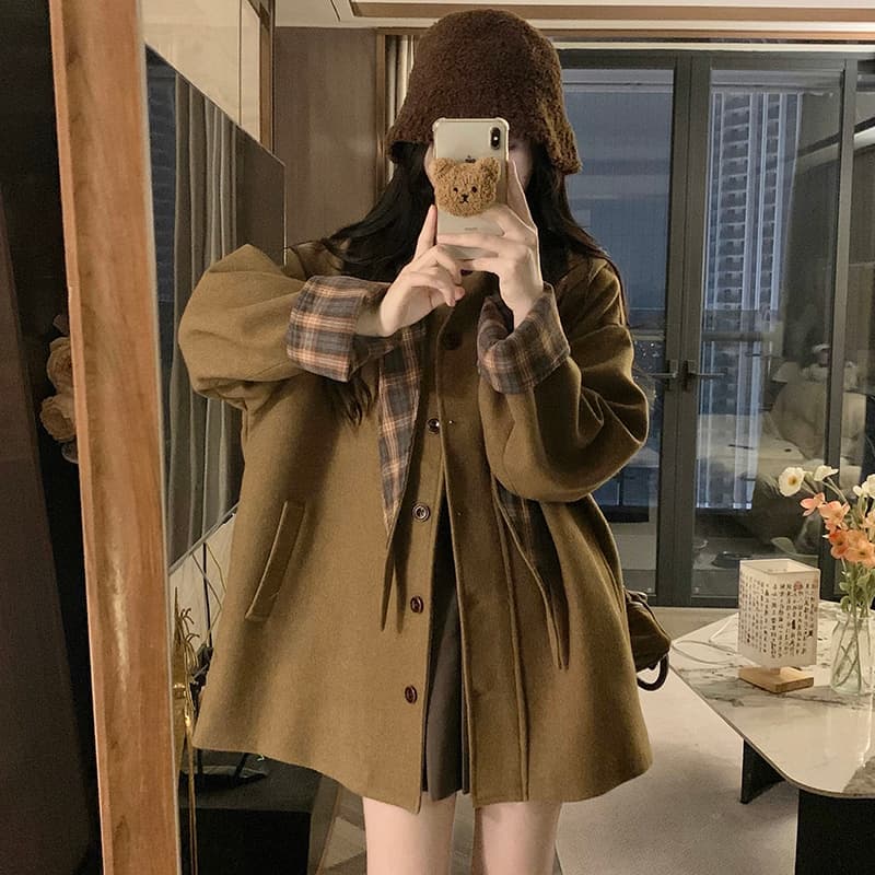 실사 레트로 체크무늬 후드 탈착식 모직 여성 코트 디자인 센스 루즈핏 다용도 중형 롱 코트 이미지 2