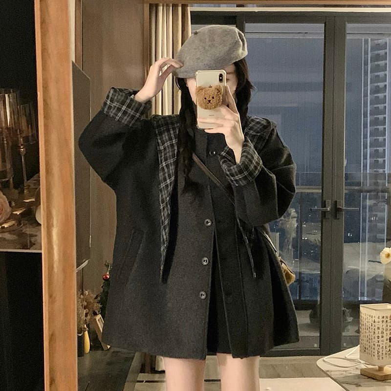 실사 레트로 체크무늬 후드 탈착식 모직 여성 코트 디자인 센스 루즈핏 다용도 중형 롱 코트 이미지 5