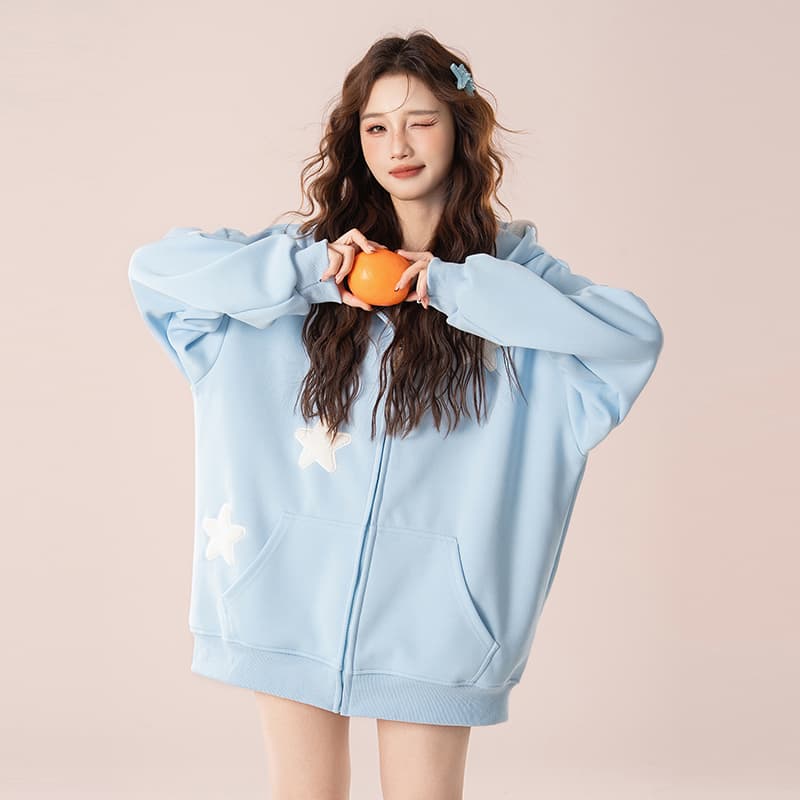 실사 아메리칸 oversize 귀여운 별 오픈 가디건 여성 코트 봄과 가을 루즈핏 느긋한 chic 커플 후드티 이미지 3