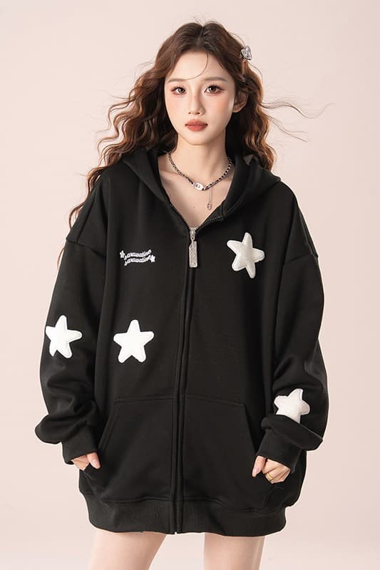 실사 아메리칸 oversize 귀여운 별 오픈 가디건 여성 코트 봄과 가을 루즈핏 느긋한 chic 커플 후드티 이미지 6