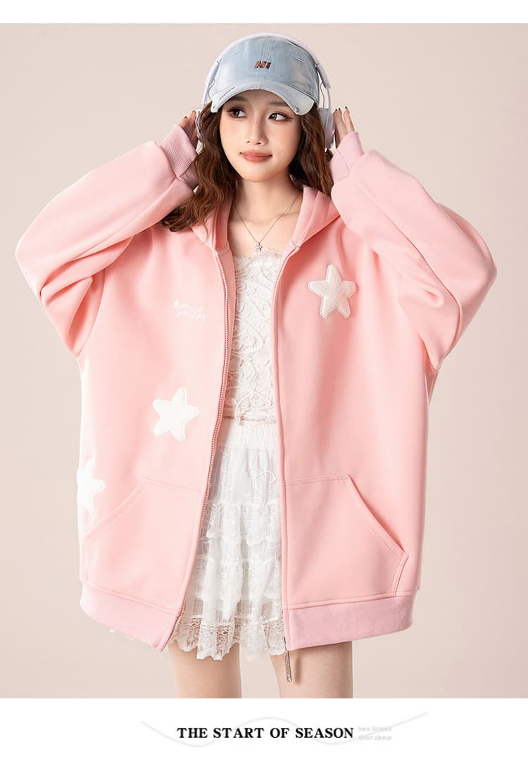 실사 아메리칸 oversize 귀여운 별 오픈 가디건 여성 코트 봄과 가을 루즈핏 느긋한 chic 커플 후드티 상세 이미지 11