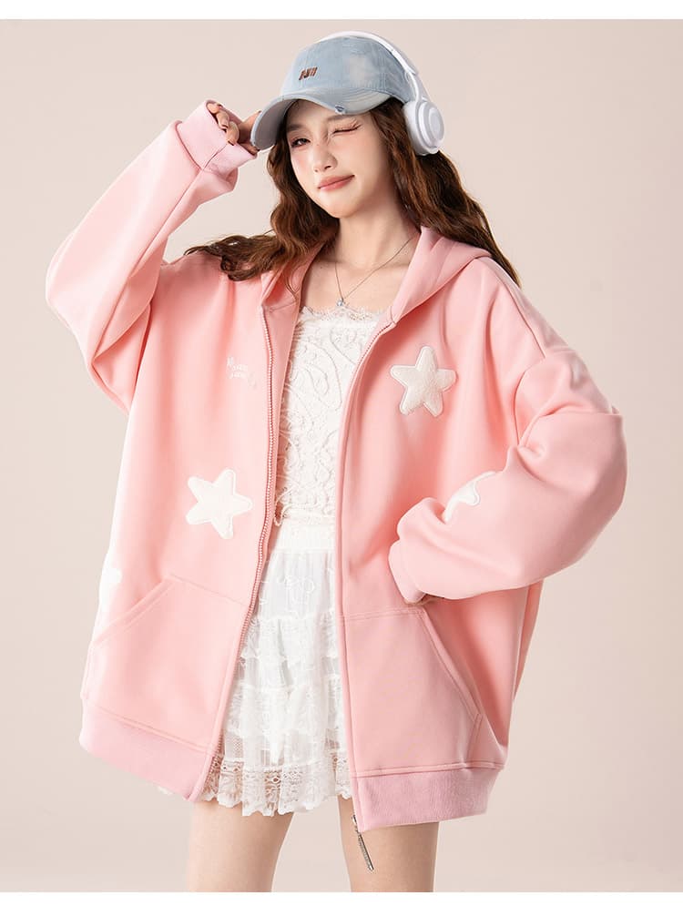 실사 아메리칸 oversize 귀여운 별 오픈 가디건 여성 코트 봄과 가을 루즈핏 느긋한 chic 커플 후드티 상세 이미지 12