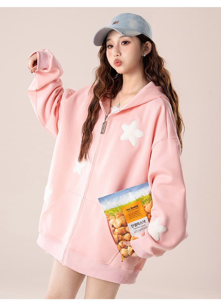 실사 아메리칸 oversize 귀여운 별 오픈 가디건 여성 코트 봄과 가을 루즈핏 느긋한 chic 커플 후드티 상세 이미지 15