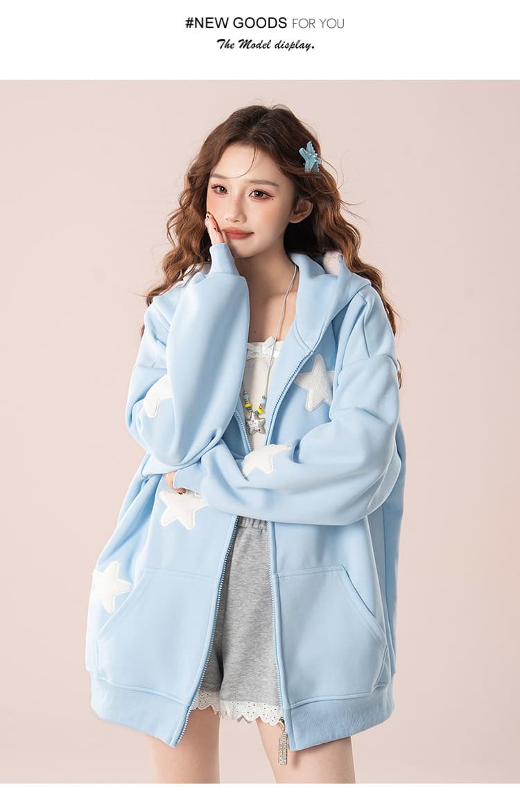 실사 아메리칸 oversize 귀여운 별 오픈 가디건 여성 코트 봄과 가을 루즈핏 느긋한 chic 커플 후드티 상세 이미지 18