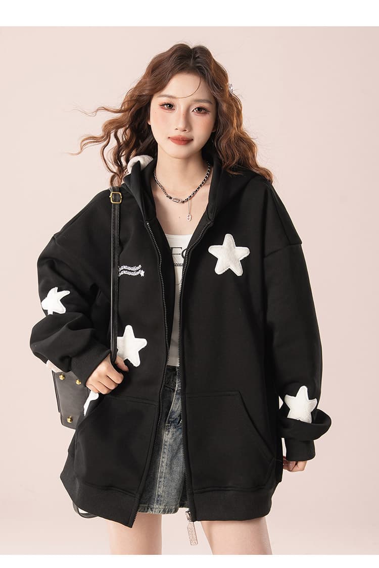 실사 아메리칸 oversize 귀여운 별 오픈 가디건 여성 코트 봄과 가을 루즈핏 느긋한 chic 커플 후드티 상세 이미지 25
