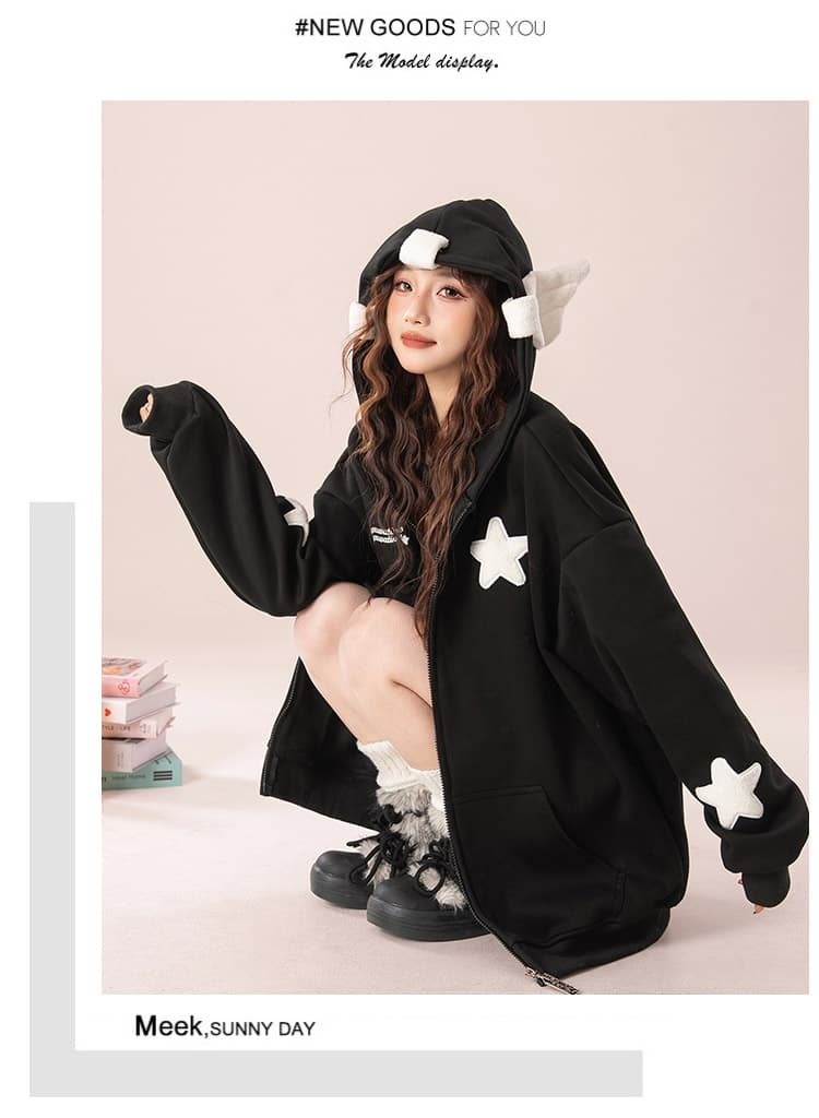 실사 아메리칸 oversize 귀여운 별 오픈 가디건 여성 코트 봄과 가을 루즈핏 느긋한 chic 커플 후드티 상세 이미지 29