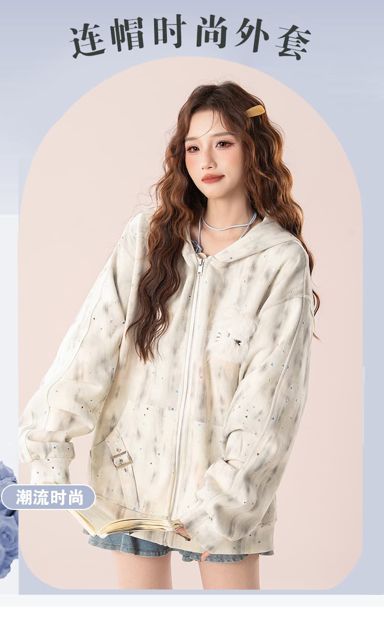 실사 아메리칸 레트로 더러운 염색 별 홀로우 아웃 토끼 귀 후드 티 스웨터 여성 디자인 센스 루즈핏 재킷 트렌디 상세 이미지 1