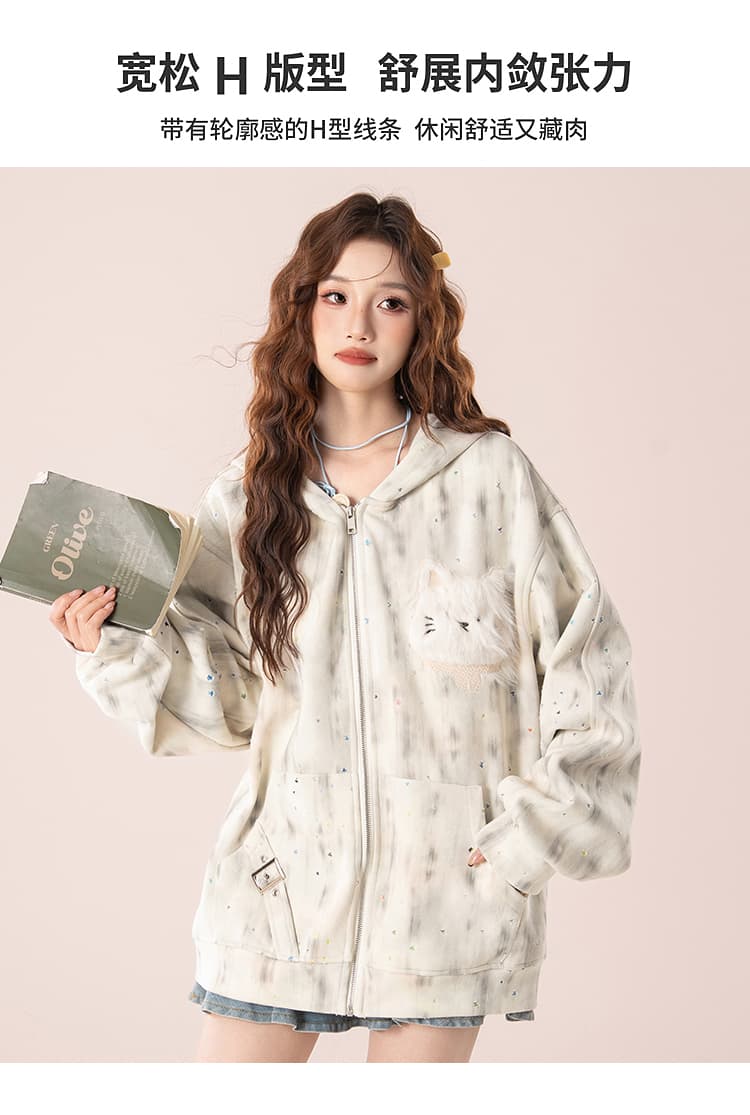 실사 아메리칸 레트로 더러운 염색 별 홀로우 아웃 토끼 귀 후드 티 스웨터 여성 디자인 센스 루즈핏 재킷 트렌디 상세 이미지 4