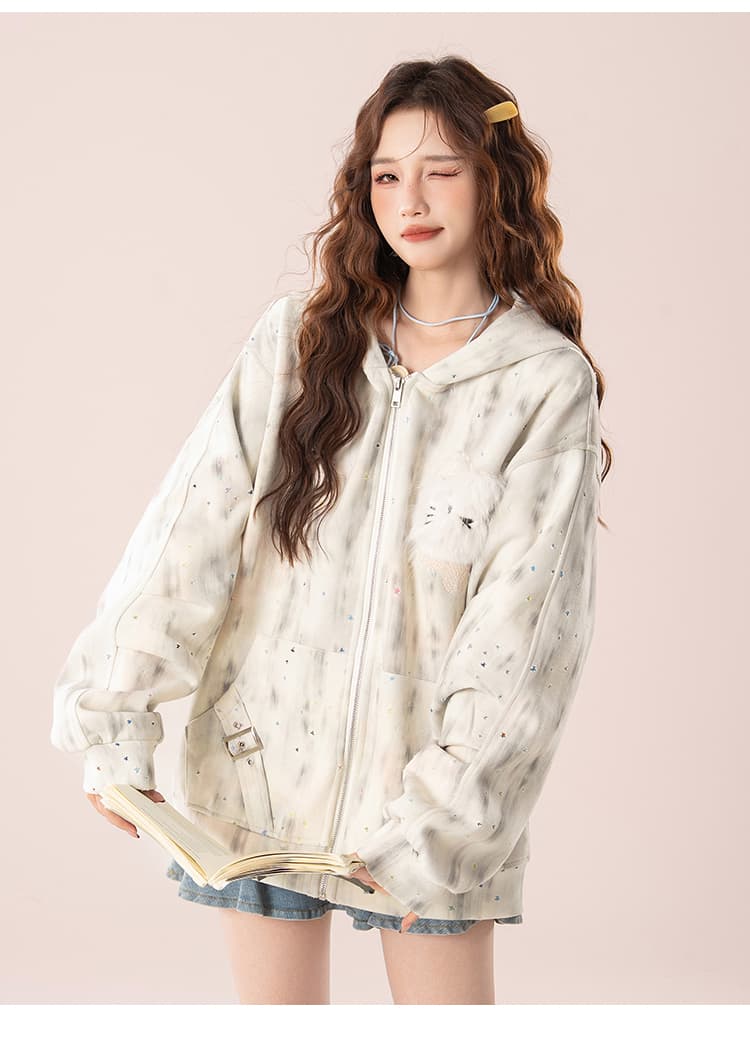 실사 아메리칸 레트로 더러운 염색 별 홀로우 아웃 토끼 귀 후드 티 스웨터 여성 디자인 센스 루즈핏 재킷 트렌디 상세 이미지 18