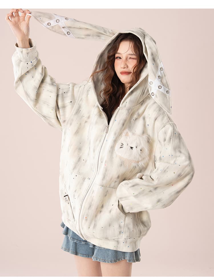 실사 아메리칸 레트로 더러운 염색 별 홀로우 아웃 토끼 귀 후드 티 스웨터 여성 디자인 센스 루즈핏 재킷 트렌디 상세 이미지 24