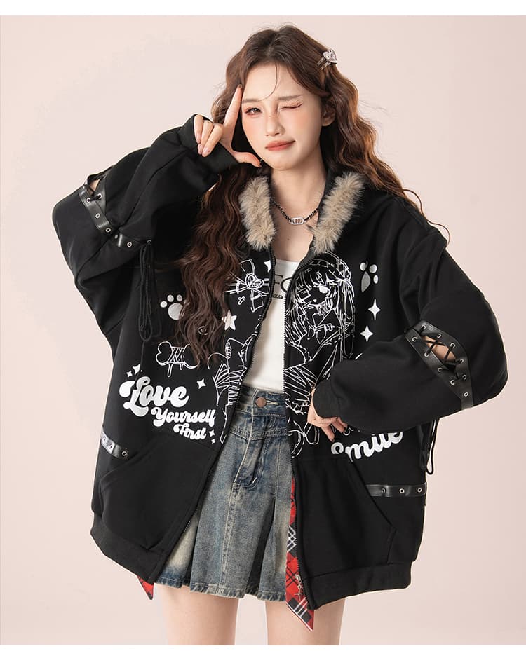 실사 너덜 너덜 한 블록 아메리칸 레트로 수채화 프린트 토끼 귀 모피 칼라 후드 티 스웨터 루즈핏 재킷 상세 이미지 12