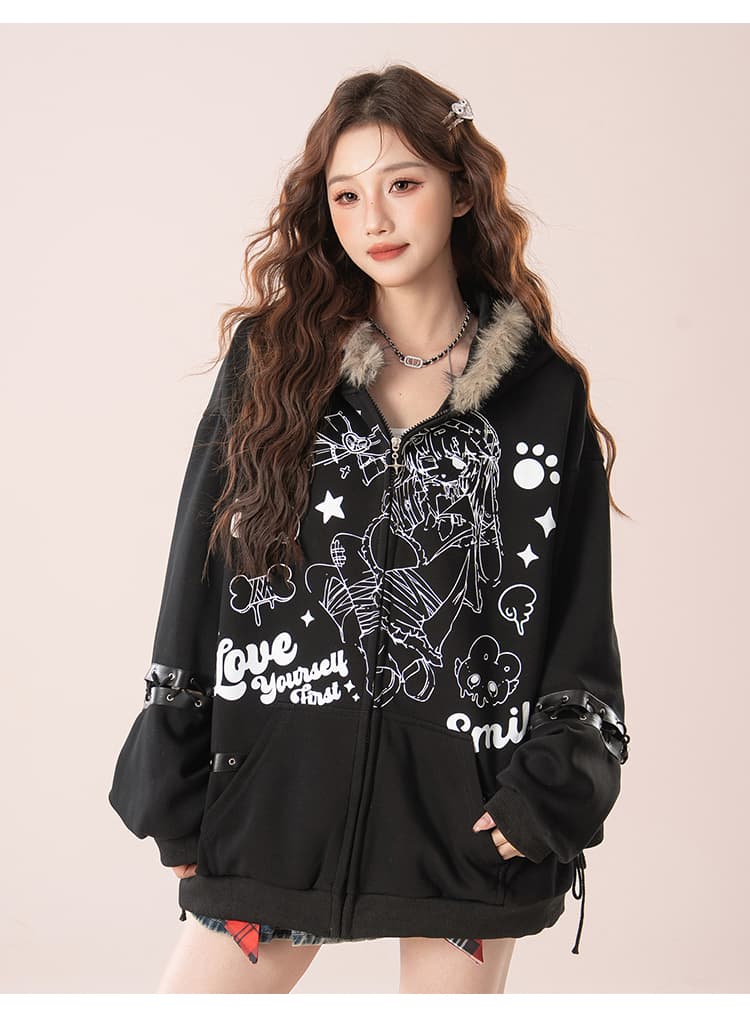 실사 너덜 너덜 한 블록 아메리칸 레트로 수채화 프린트 토끼 귀 모피 칼라 후드 티 스웨터 루즈핏 재킷 상세 이미지 15