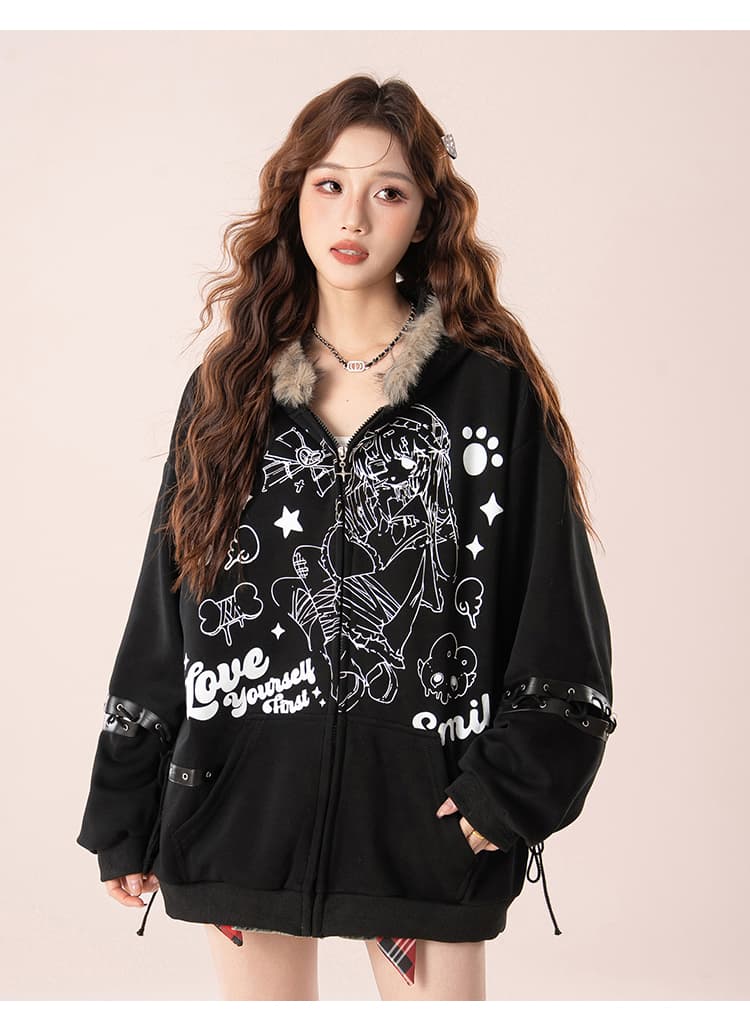 실사 너덜 너덜 한 블록 아메리칸 레트로 수채화 프린트 토끼 귀 모피 칼라 후드 티 스웨터 루즈핏 재킷 상세 이미지 16