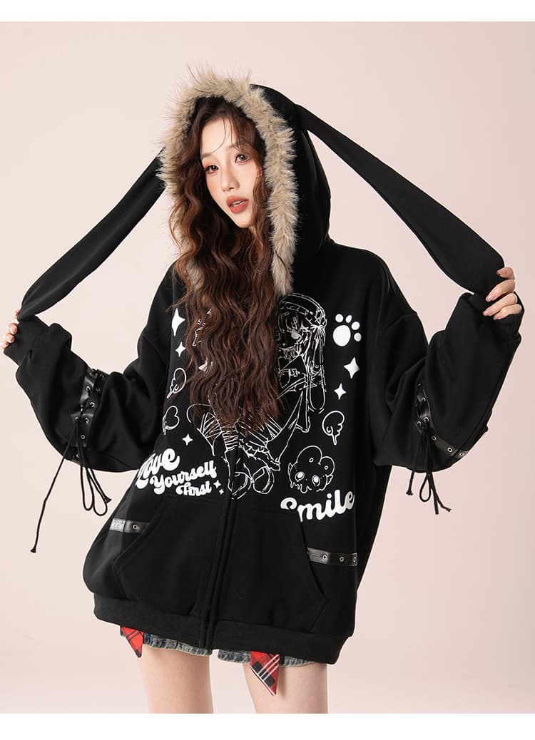 실사 너덜 너덜 한 블록 아메리칸 레트로 수채화 프린트 토끼 귀 모피 칼라 후드 티 스웨터 루즈핏 재킷 상세 이미지 17