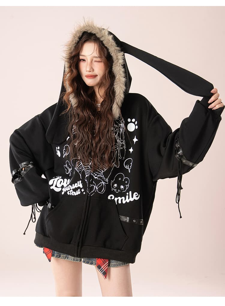 실사 너덜 너덜 한 블록 아메리칸 레트로 수채화 프린트 토끼 귀 모피 칼라 후드 티 스웨터 루즈핏 재킷 상세 이미지 18