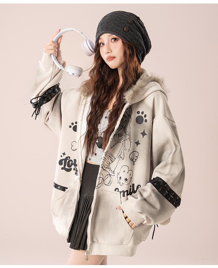 실사 너덜 너덜 한 블록 아메리칸 레트로 수채화 프린트 토끼 귀 모피 칼라 후드 티 스웨터 루즈핏 재킷 상세 이미지 22