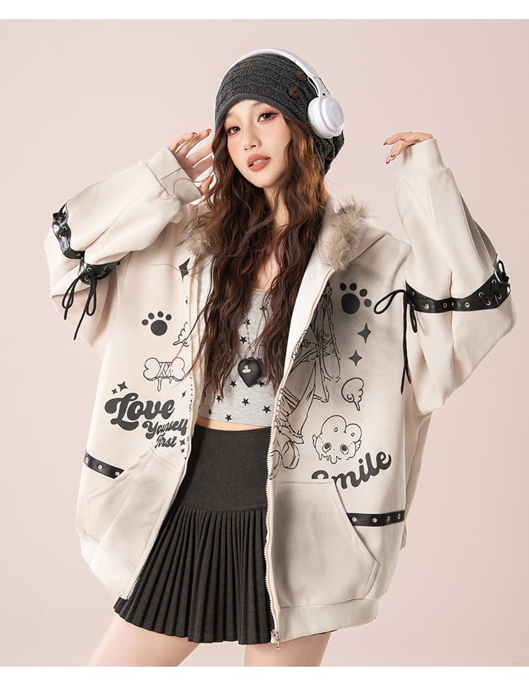 실사 너덜 너덜 한 블록 아메리칸 레트로 수채화 프린트 토끼 귀 모피 칼라 후드 티 스웨터 루즈핏 재킷 상세 이미지 23