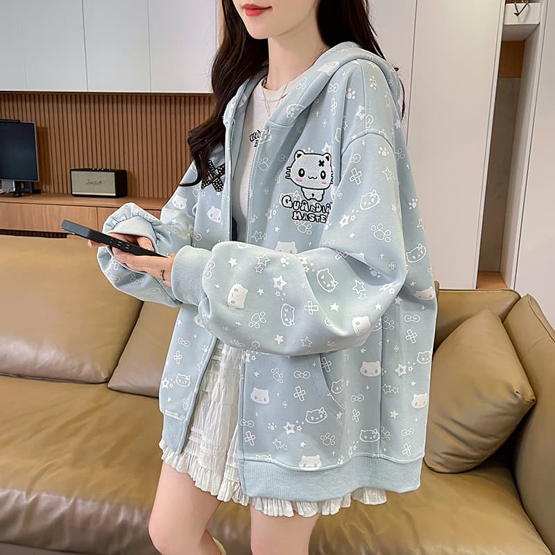 실사 토끼 귀 새끼 고양이 자수 루즈핏 다용도 학원 스타일 후드티 여성 코트 가을 모자 셔츠 맨위 이미지 3