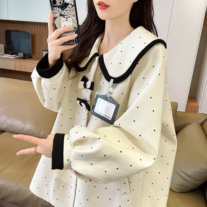 실사 jk 유니폼 모직 외투 루즈핏 코트 베이비 칼라 학원 스타일 중간 길이 이미지 4
