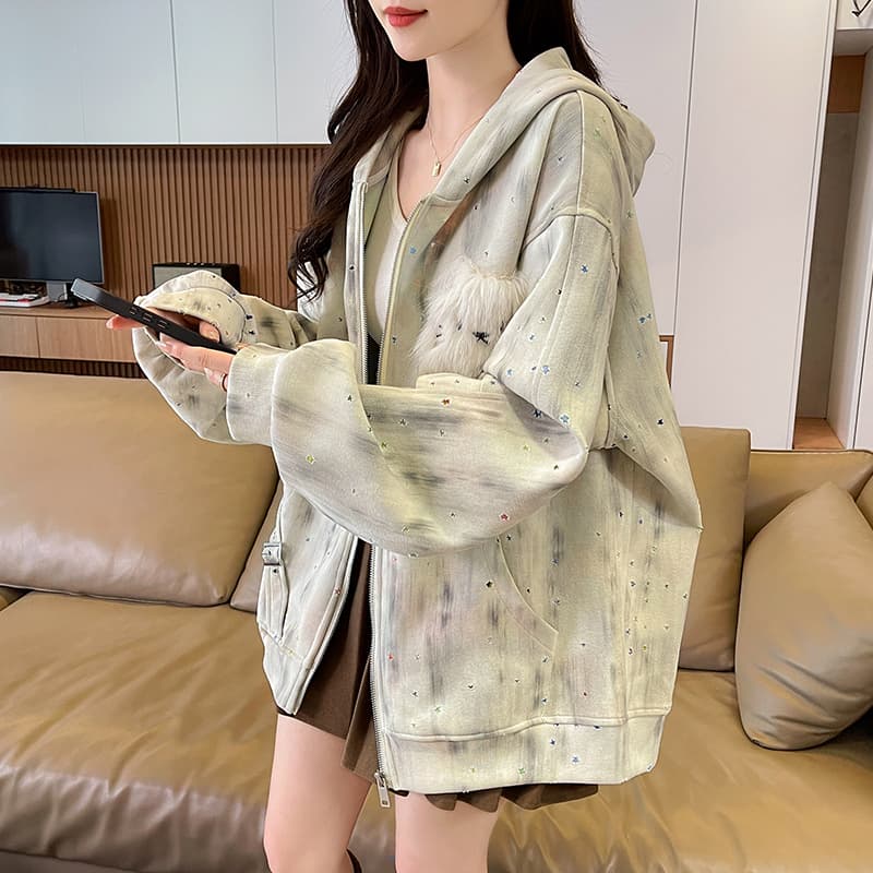 실사 아메리칸 레트로 더러운 염색 별 홀로우 아웃 토끼 귀 후드 티 스웨터 여성 디자인 센스 루즈핏 재킷 트렌디 이미지 2