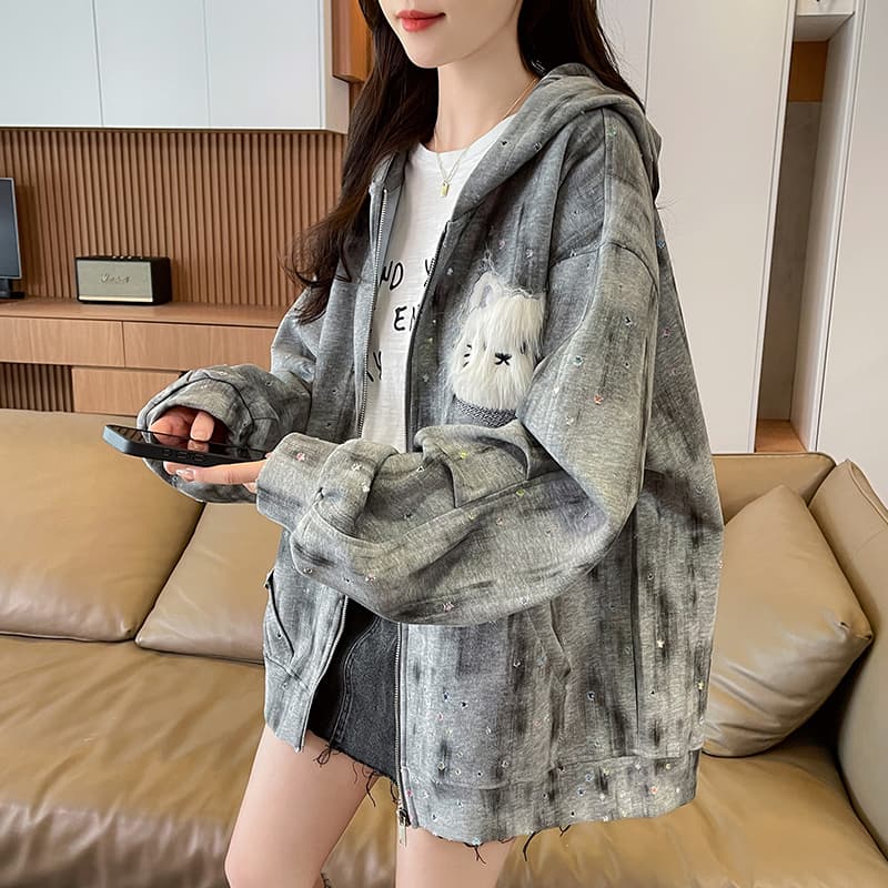 실사 아메리칸 레트로 더러운 염색 별 홀로우 아웃 토끼 귀 후드 티 스웨터 여성 디자인 센스 루즈핏 재킷 트렌디 이미지 3