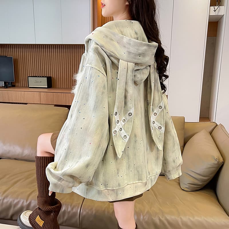 실사 아메리칸 레트로 더러운 염색 별 홀로우 아웃 토끼 귀 후드 티 스웨터 여성 디자인 센스 루즈핏 재킷 트렌디 이미지 4