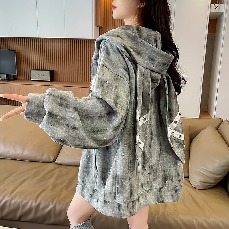 실사 아메리칸 레트로 더러운 염색 별 홀로우 아웃 토끼 귀 후드 티 스웨터 여성 디자인 센스 루즈핏 재킷 트렌디 이미지 5