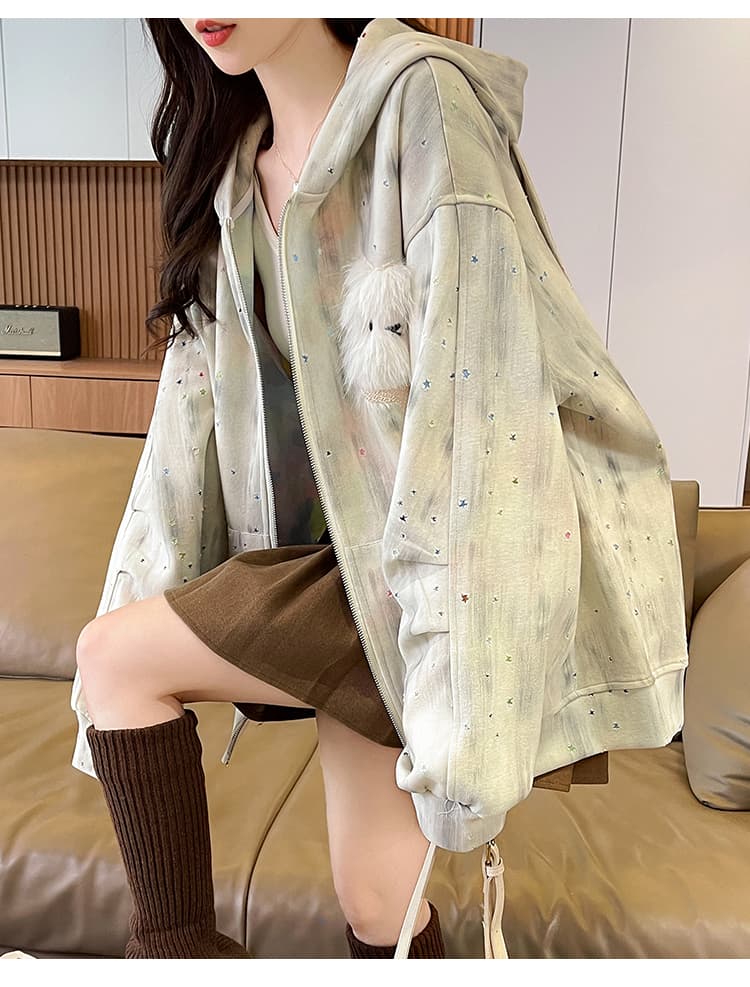 실사 아메리칸 레트로 더러운 염색 별 홀로우 아웃 토끼 귀 후드 티 스웨터 여성 디자인 센스 루즈핏 재킷 트렌디 상세 이미지 12