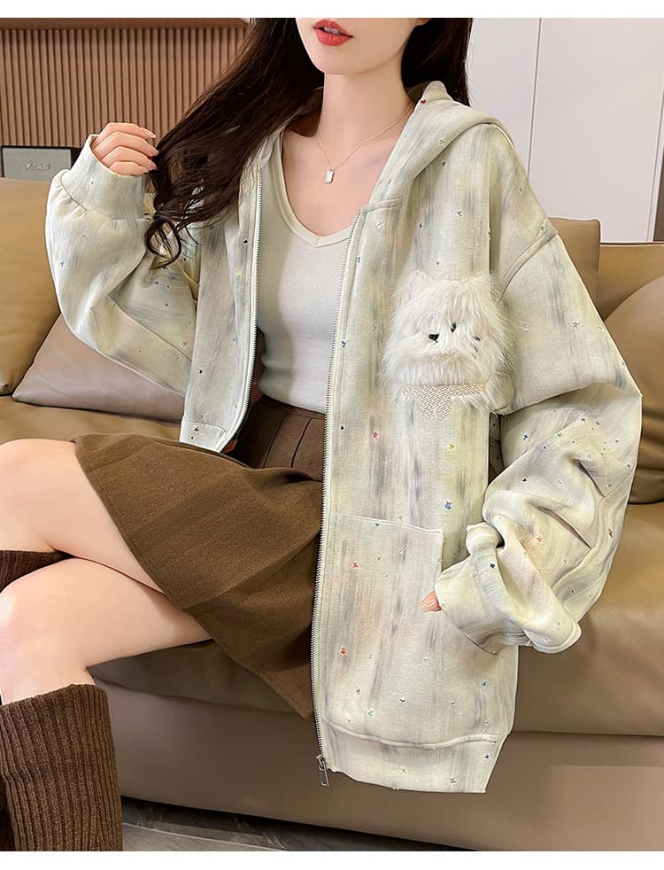 실사 아메리칸 레트로 더러운 염색 별 홀로우 아웃 토끼 귀 후드 티 스웨터 여성 디자인 센스 루즈핏 재킷 트렌디 상세 이미지 15