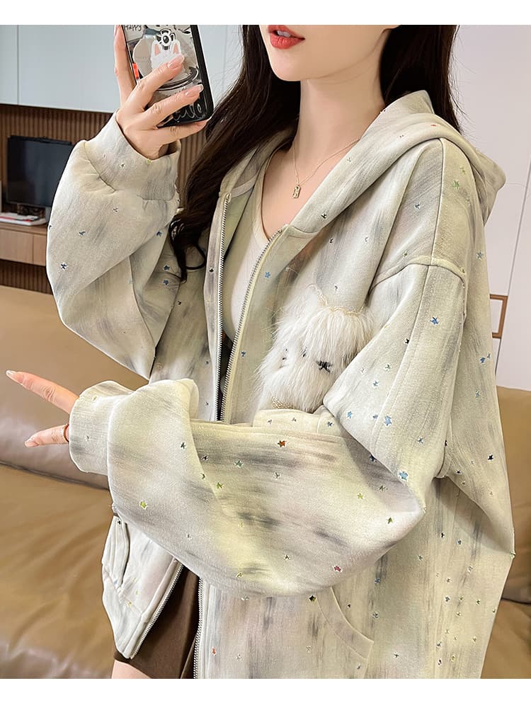 실사 아메리칸 레트로 더러운 염색 별 홀로우 아웃 토끼 귀 후드 티 스웨터 여성 디자인 센스 루즈핏 재킷 트렌디 상세 이미지 16