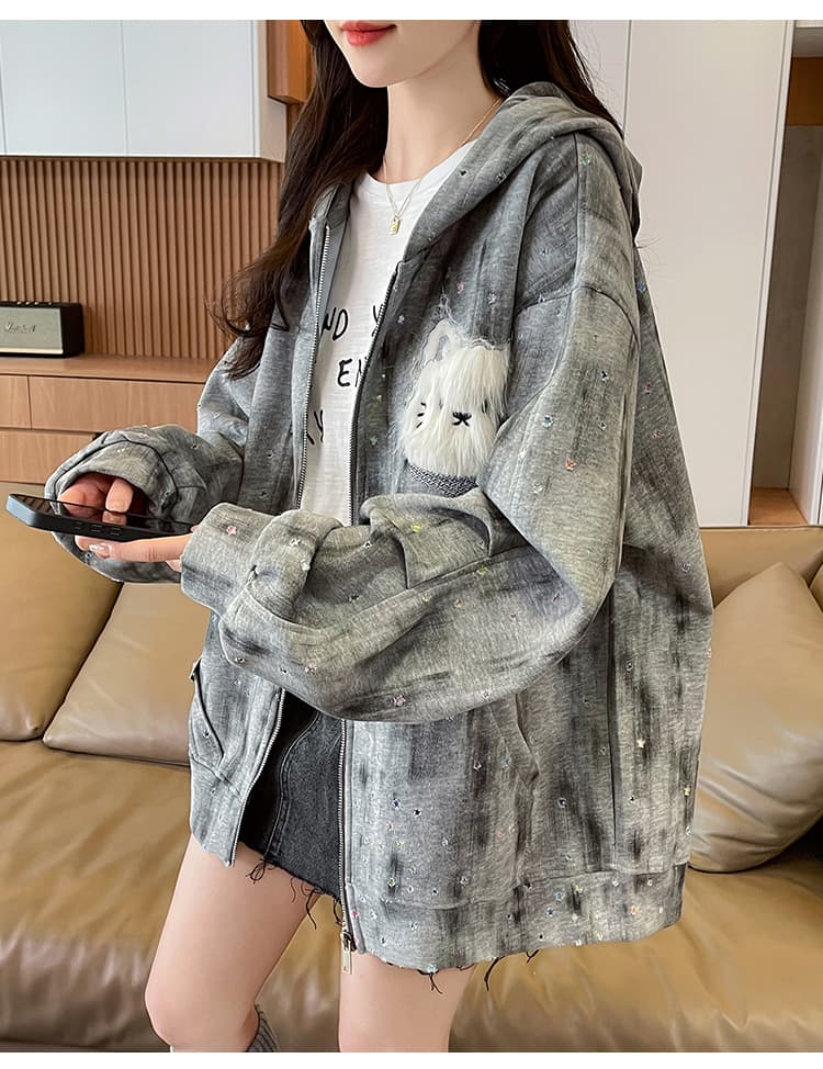 실사 아메리칸 레트로 더러운 염색 별 홀로우 아웃 토끼 귀 후드 티 스웨터 여성 디자인 센스 루즈핏 재킷 트렌디 상세 이미지 21