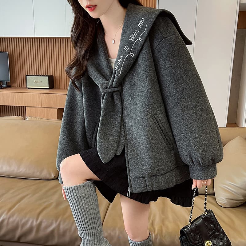 실사 학원 스타일 해군 칼라 쇼트 스타일 루즈핏 재킷 품격 연령 감소 알파벳 자수 재킷 이미지 3