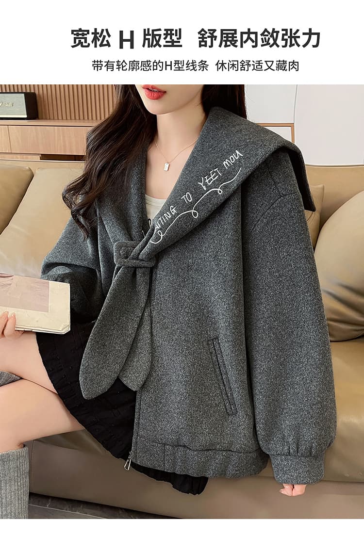 실사 학원 스타일 해군 칼라 쇼트 스타일 루즈핏 재킷 품격 연령 감소 알파벳 자수 재킷 상세 이미지 4