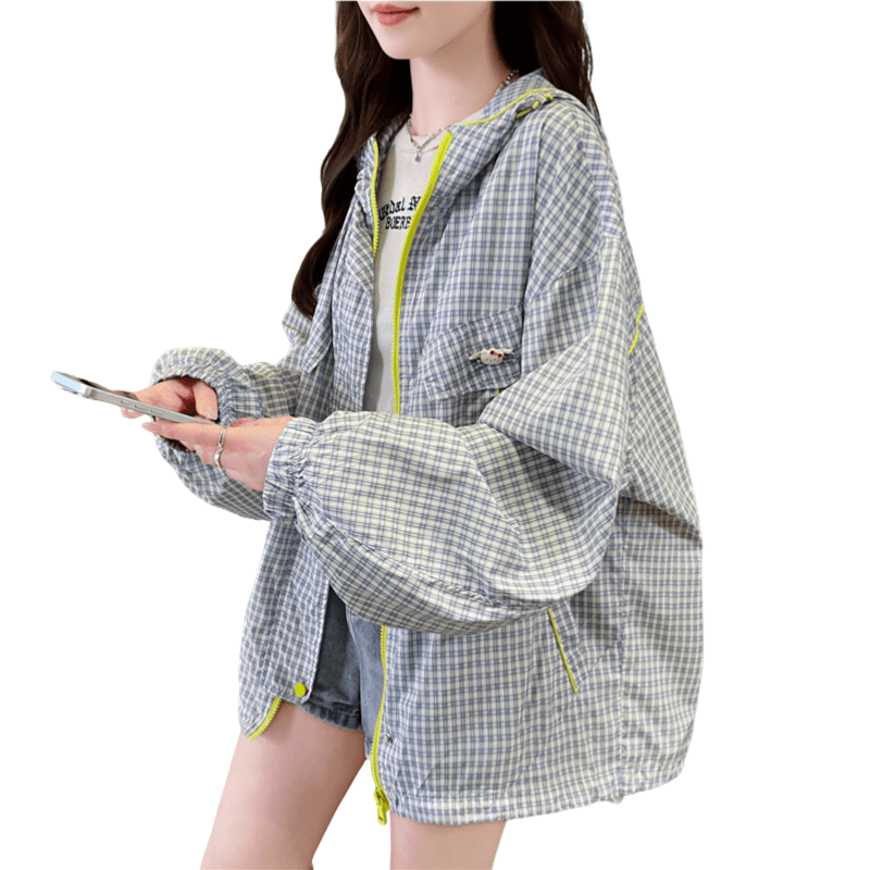 실사 자외선 차단 재킷 여름 드레스 2026 새로운 하늘색 체크무늬 국방 자외선 소녀 후드 루즈핏 맨위 이미지 6