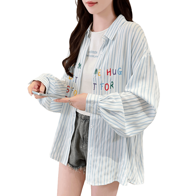 실사 자외선 차단 셔츠 여름 드레스 2026 새로운 소녀 외국 가스 잘 생긴 자외선 차단 셔츠 스트라이프 긴팔 재킷 이미지 6
