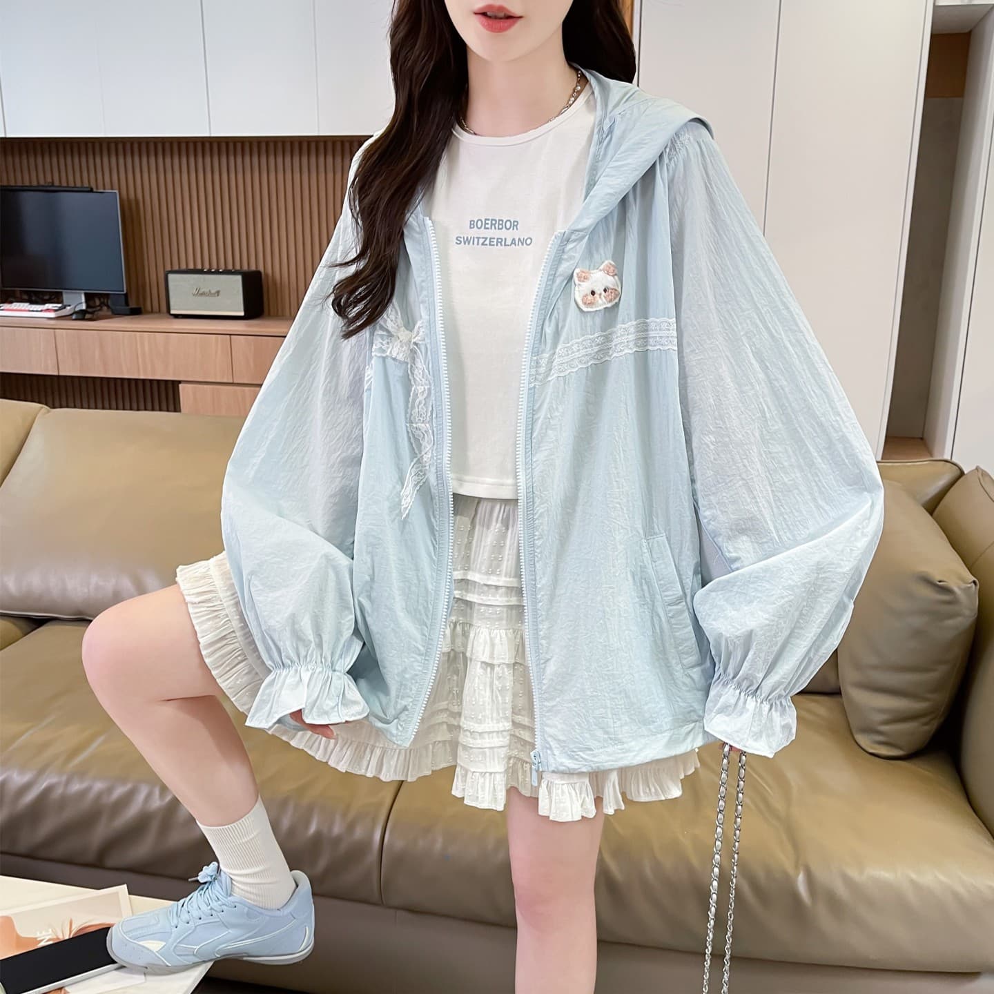 실사 upf40+ 자외선 차단 의류 2026 새로운 와이드 마쓰 바라 실 고양이 귀 디자인 센스 후드 여성 코트 여름 이미지 3