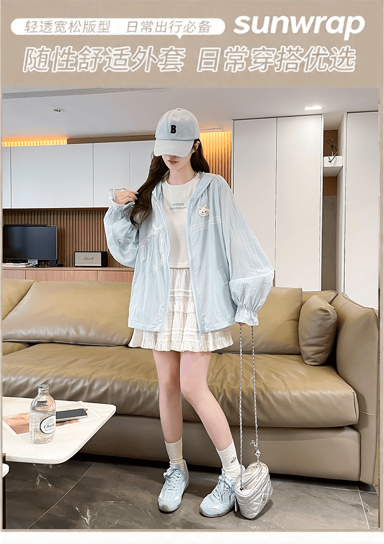 실사 upf40+ 자외선 차단 의류 2026 새로운 와이드 마쓰 바라 실 고양이 귀 디자인 센스 후드 여성 코트 여름 상세 이미지 1