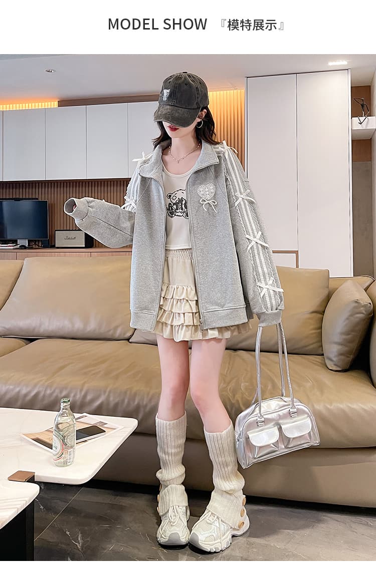 실사 소녀 달콤함 귀여운 순면 나비 매듭 여성 코트 2026 새로운 중학생 회색 후드티 상세 이미지 8