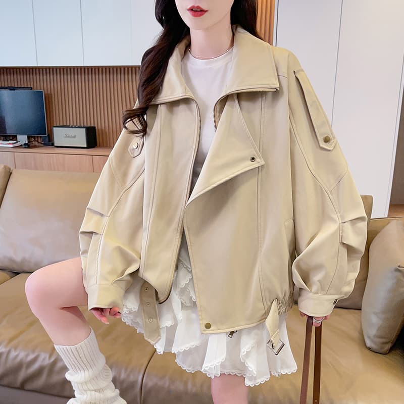 실사 새로운 카키 색 한 부서 루즈핏 레트로 스탠드 칼라 쇼트 스타일 바람막이 여성 작은 키 지퍼 워크웨어 재킷 이미지 3