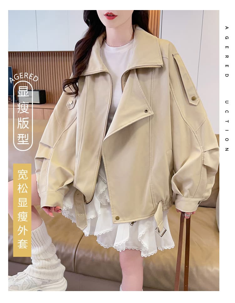 실사 새로운 카키 색 한 부서 루즈핏 레트로 스탠드 칼라 쇼트 스타일 바람막이 여성 작은 키 지퍼 워크웨어 재킷 상세 이미지 2