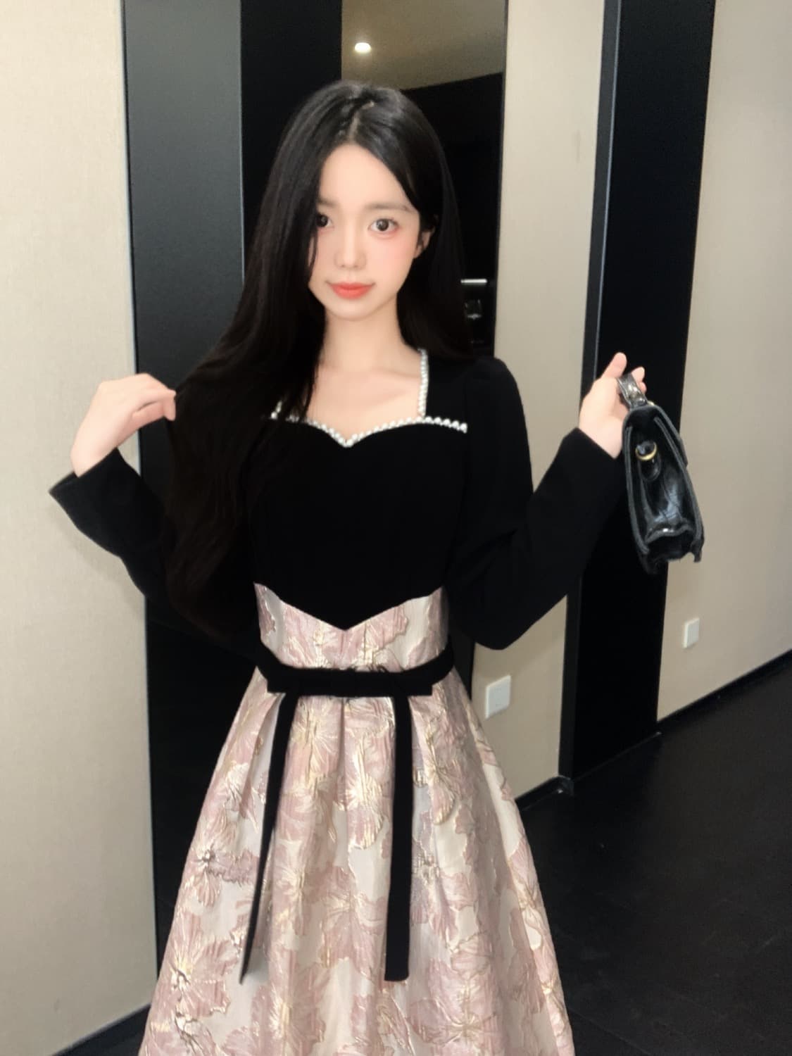 실사 2026 프랑스식 드레스 가을 겨울철 무거운 작업 고급 센스 비즈 박기 자카드 패치워크 빛 럭셔리 예복 상세 이미지 1