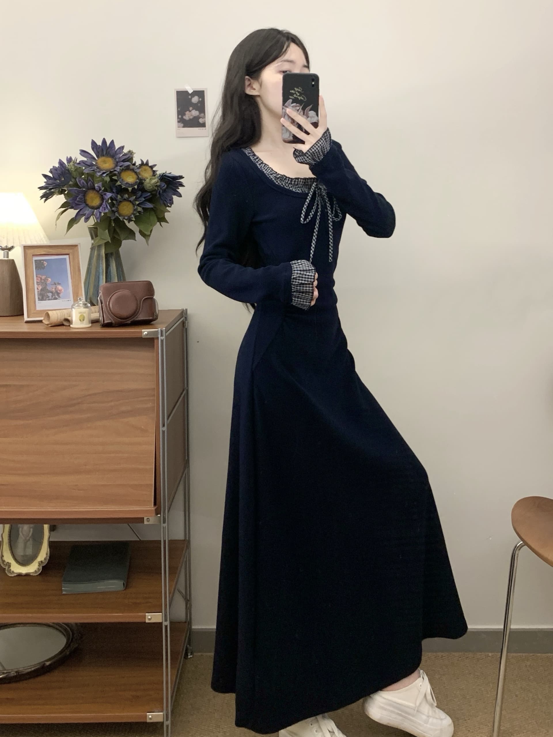 실사 2026 가을 새로운 프랑스식 패치워크 레트로 패션 품격 슬림해 보이는 디자인 센스 페이크 레이어드 드레스 상세 이미지 9