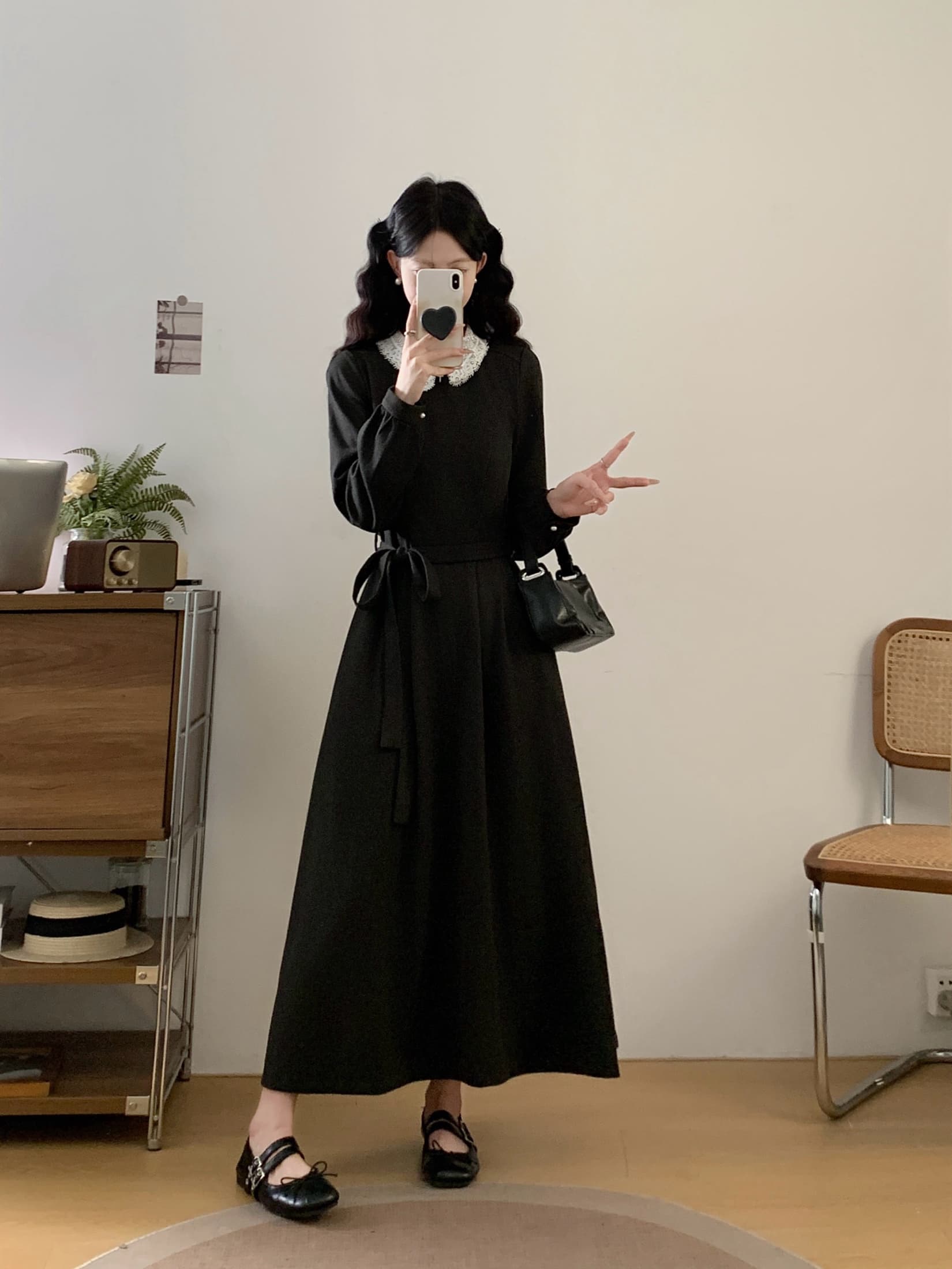 실사 2026 가을 겨울 프랑스식 품격 허리 수축 슬림해 보이는 드레스 작은 키 베이비 칼라 중간 길이 A라인 스커트 상세 이미지 7